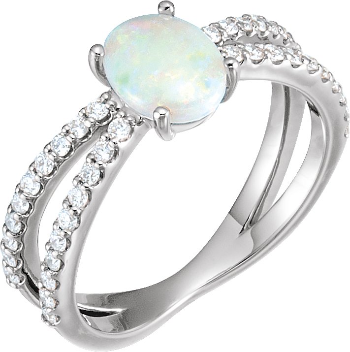 14K White Natural Opal & 1/3 CTW Natural Diamond Ring  