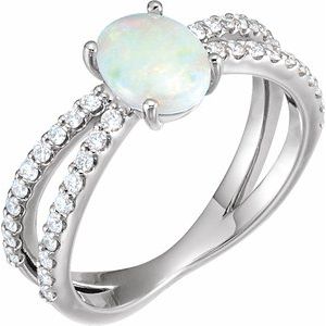 14K White Natural Opal & 1/3 CTW Natural Diamond Ring  