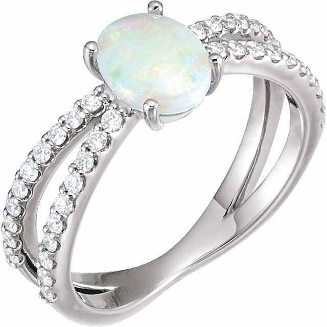 14K White Natural White Opal & 1/3 CTW Natural Diamond Ring  