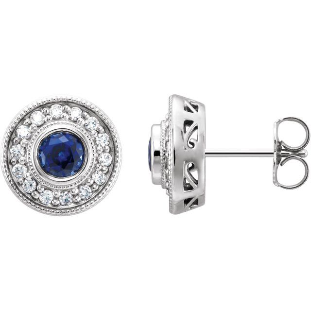 14K White Lab-Grown Blue Sapphire & 1/4 CTW Natural Diamond Halo-Style Earrings