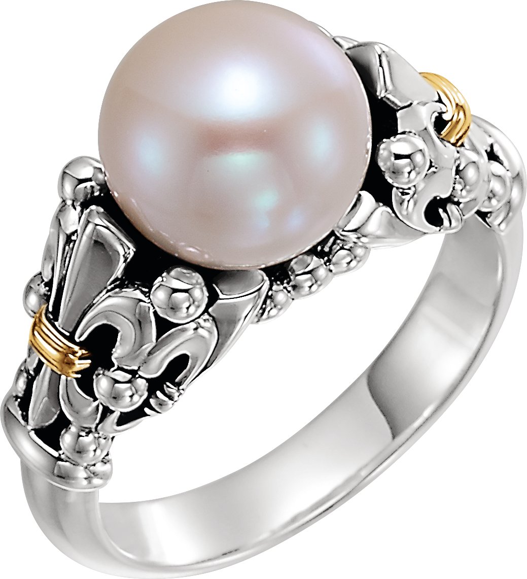 Sterling Silver & 14K Yellow Cultured White Freshwater Pearl Fleur-de-lis Ring 