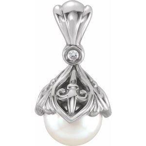 14K White 7-7.5 mm Freshwater Cultured Pearl & .02 CTW Diamond Fleur-de-lis Pendant