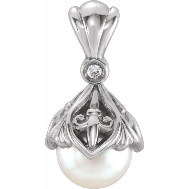 14K White Cultured Freshwater Pearl & .02 CTW Natural Diamond Fleur-de-lis Pendant