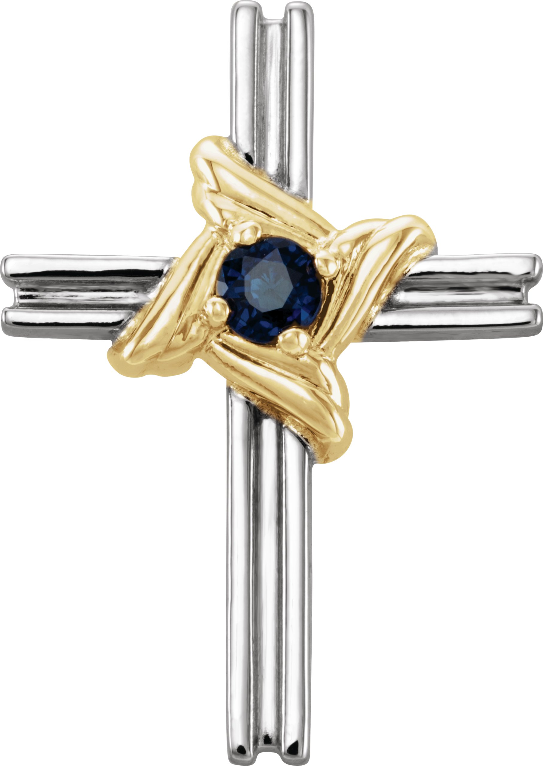 14K White/Yellow Natural Blue Sapphire Cross Pendant 