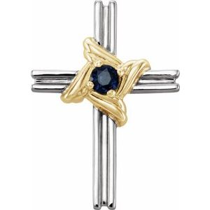 14K White/Yellow Natural Blue Sapphire Cross Pendant 