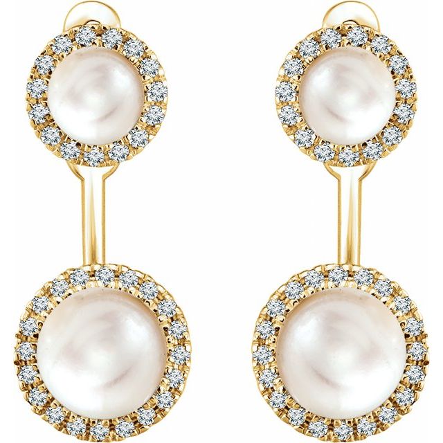 14K Yellow Freshwater Cultured Pearl & 1/5 CTW Natural Diamond Halo-Style Earrings