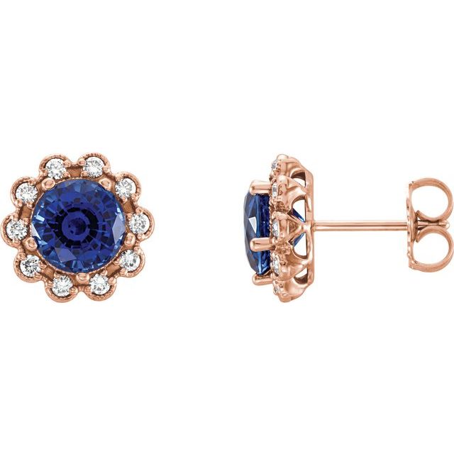 14K Rose 6.5 mm Natural Blue Sapphire & 1/4 CTW Natural Diamond Earrings
