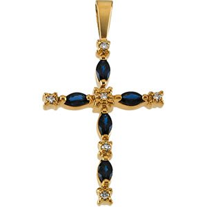 14K Yellow Blue Sapphire & Diamond Cross Pendant 