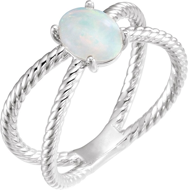 14K White 6x4 mm Opal Criss-Cross Rope Ring