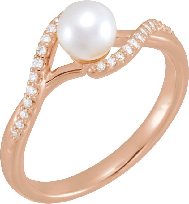 14K Rose Cultured White Freshwater Pearl & 1/10 CTW Natural Diamond Ring