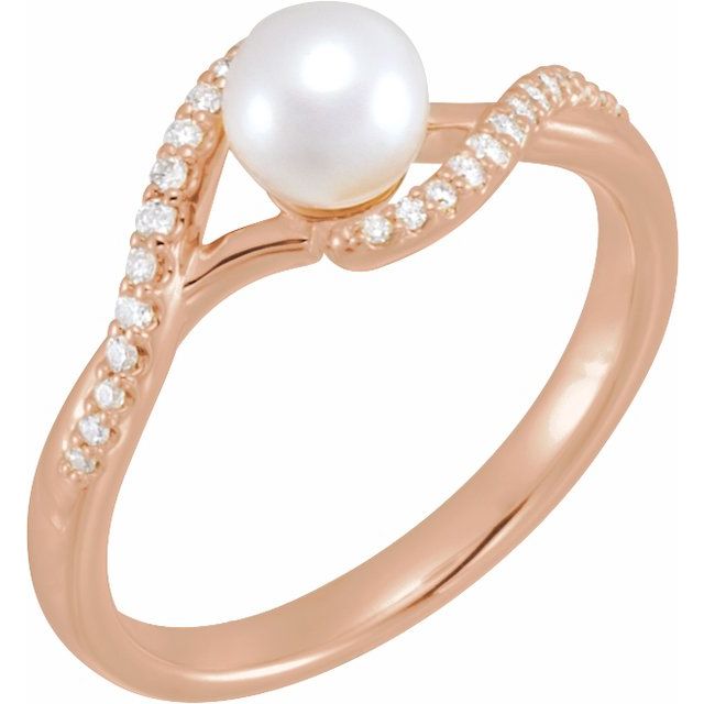 14K Rose Cultured White Freshwater Pearl & 1/10 CTW Natural Diamond Ring