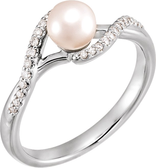 14K White Cultured White Freshwater Pearl & 1/10 CTW Natural Diamond Ring
