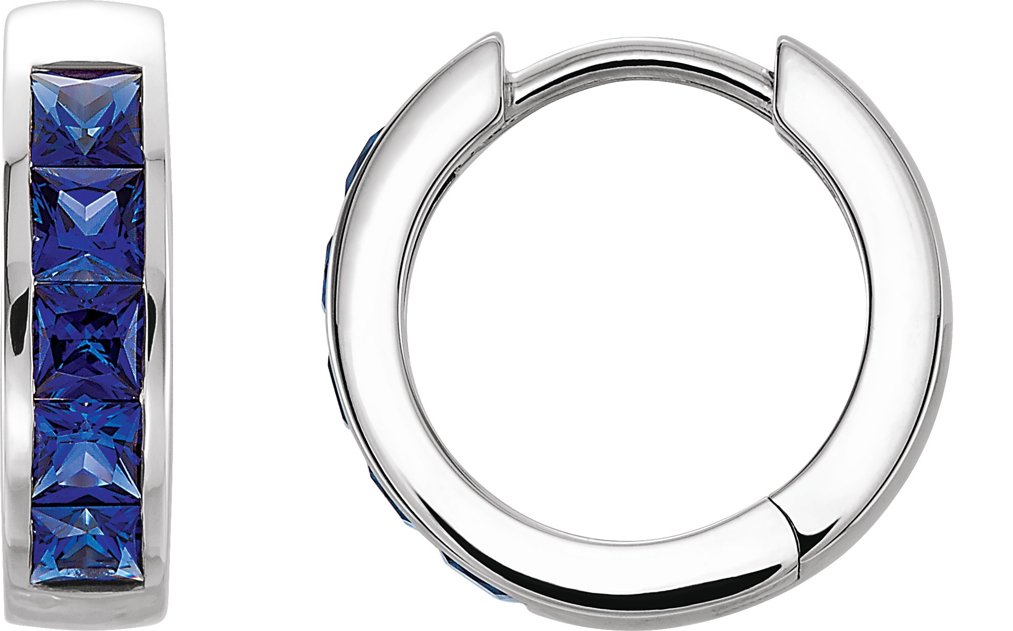 14K White Lab-Grown Blue Sapphire Hoop Earrings 