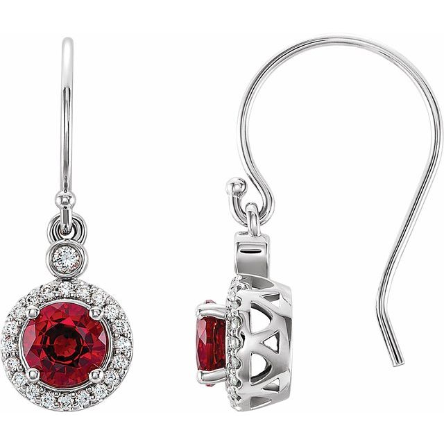 14K White Lab-Grown Ruby & 1/8 CTW Natural Diamond Halo-Style Earrings