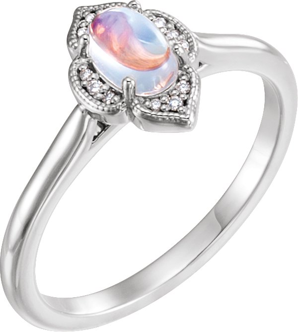 14K White Natural Rainbow Moonstone & .03 CTW Natural Diamond Ring