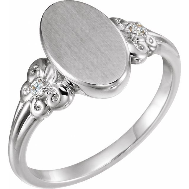 14K White .03 CTW Diamond 12x8 mm Oval Fleur-de-lis Signet Ring 