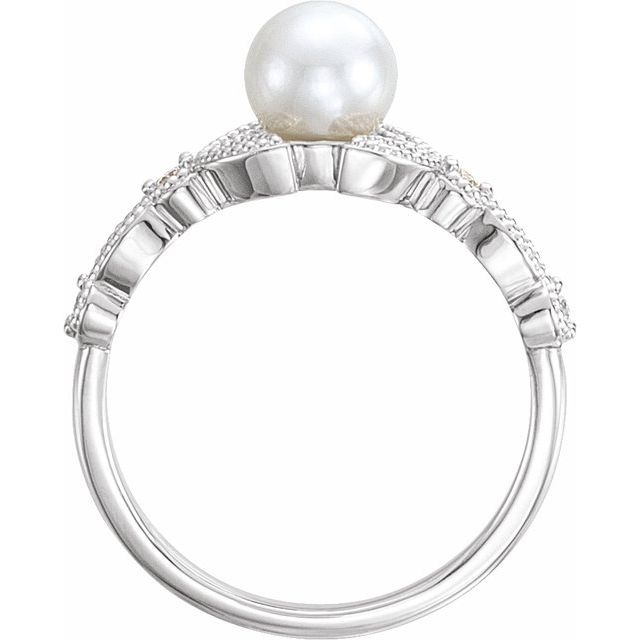 14K White Cultured White Freshwater Pearl & 1/10 CTW Natural Diamond Leaf Ring