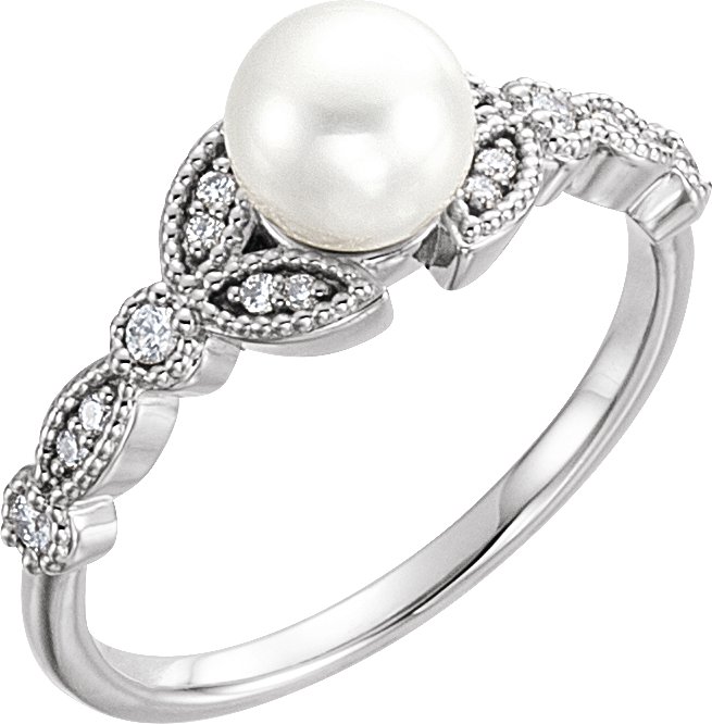 14K White Cultured White Freshwater Pearl & 1/10 CTW Natural Diamond Leaf Ring