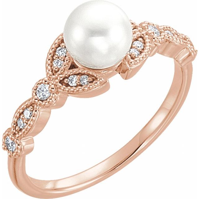 14K Rose Cultured White Freshwater Pearl & 1/10 CTW Natural Diamond Leaf Ring
