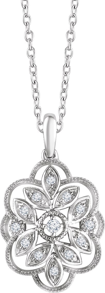 14k White Gold Diamond Flower Cluster Heart Pendant 16-18