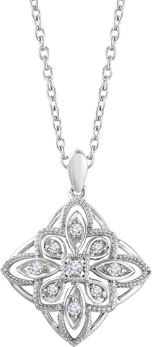 14K White  1/10 CTW Natural Diamond Granulated Filigree 16-18 Necklace