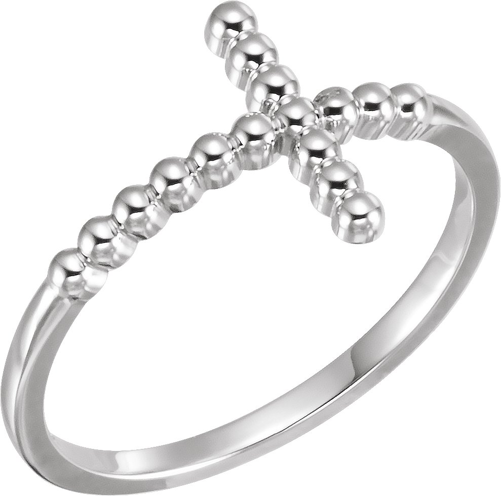 14K White Beaded Sideways Cross Ring