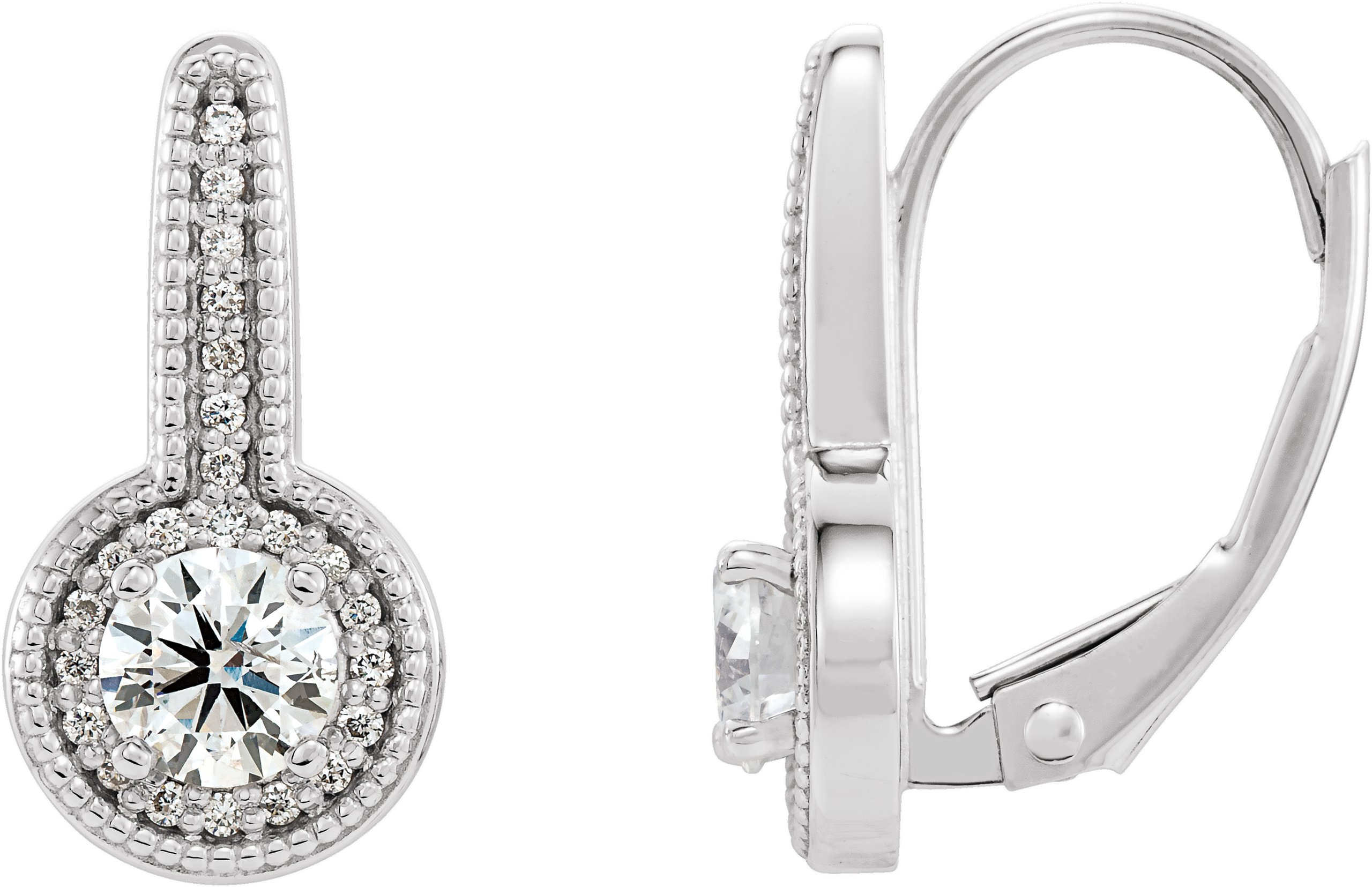 14K White 5/8 CTW Diamond Milgrain Halo-Style Dangle Earrings 