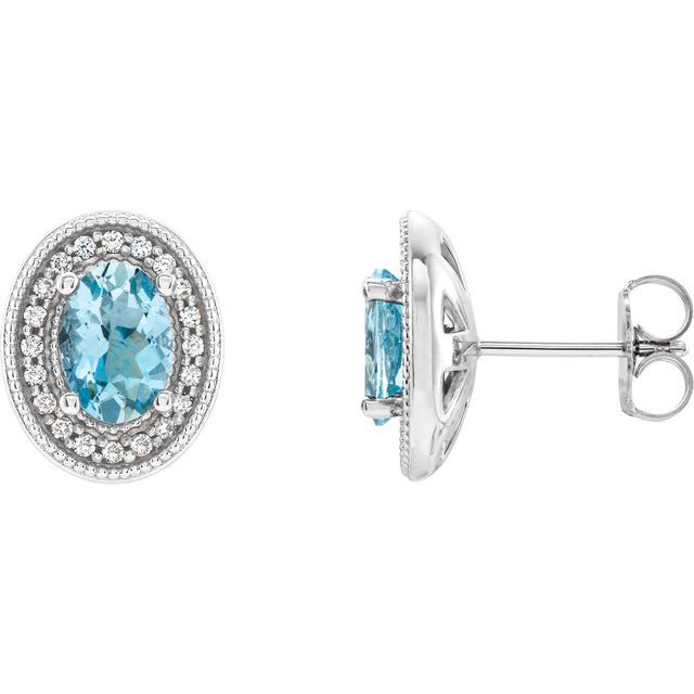 Sterling Silver 7x5 mm Natural Aquamarine & 1/5 CTW Natural Diamond Halo-Style Earrings