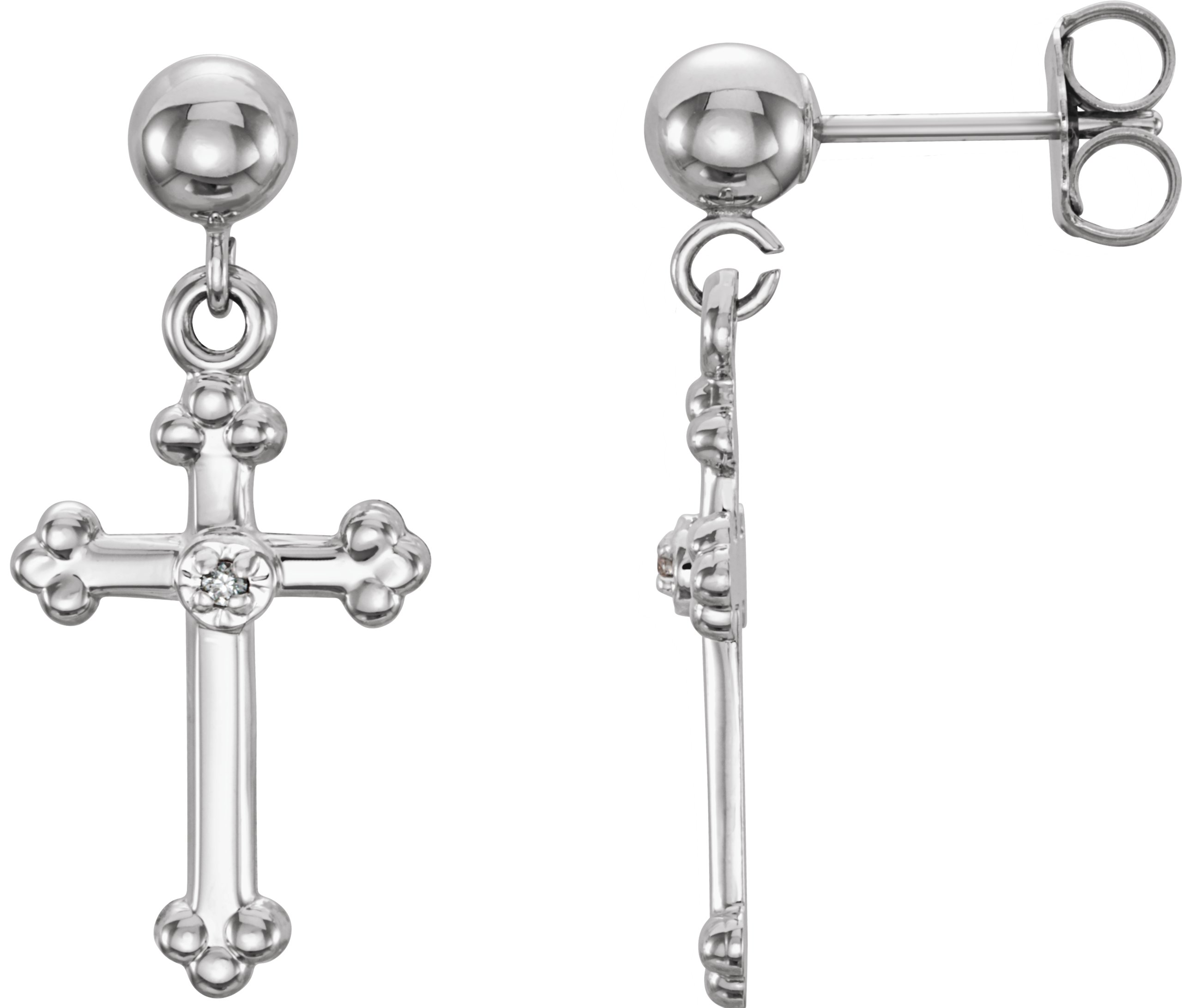 14K White .005 CT Natural Diamond Cross & Ball Earring