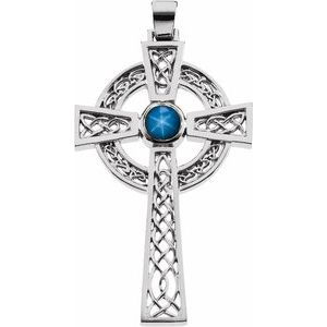 Sterling Silver Natural Blue Star Sapphire Cross Pendant 