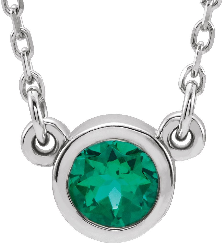 14K White 3 mm Round Emerald Bezel-Set Solitaire 16" Necklace