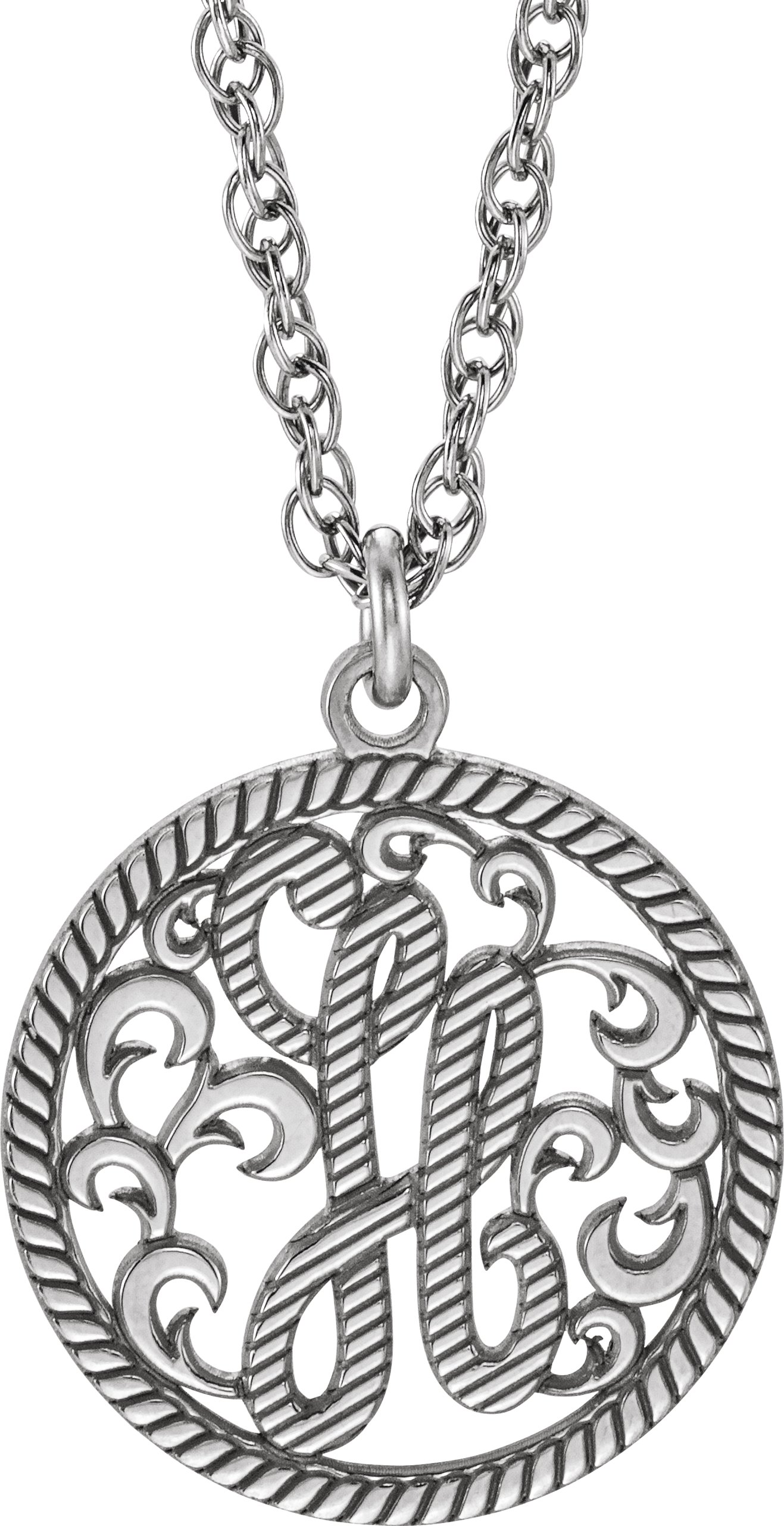 15 mm Single Letter Script Monogram Necklace with Rope Border