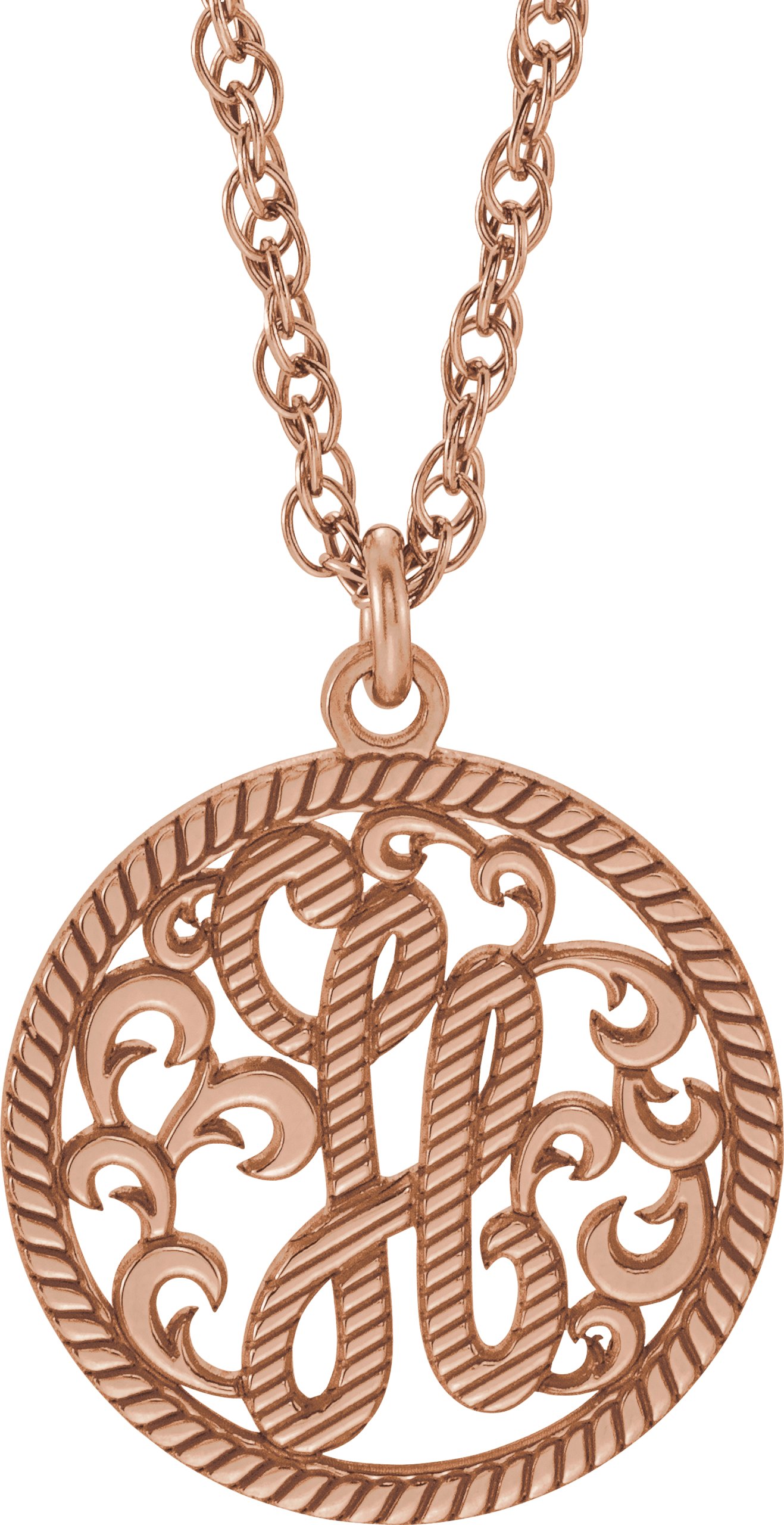 15 mm Single Letter Script Monogram Necklace with Rope Border