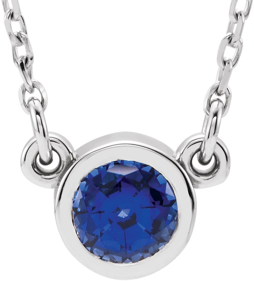 14K White 4 mm Round Lab-Grown Blue Sapphire Solitaire 16" Necklace