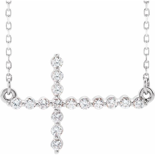 14K White 1/4 CTW Natural Diamond Sideways Cross 16-18 Necklace