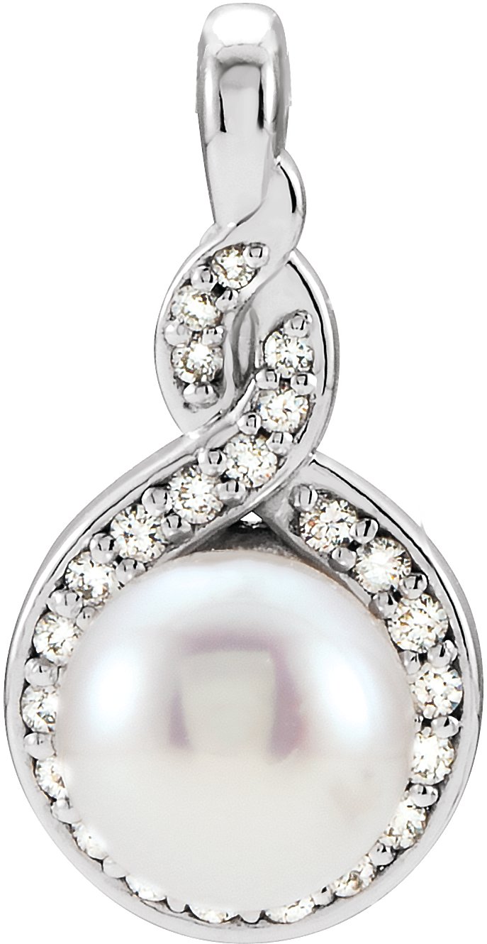 14K White Cultured White Akoya Pearl & 1/10 CTW Natural Diamond Pendant