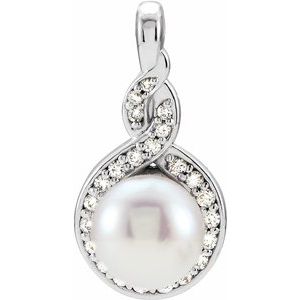 14K White Cultured White Akoya Pearl & 1/10 CTW Natural Diamond Pendant