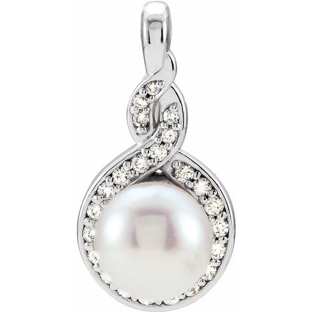 14K White Cultured White Akoya Pearl & 1/10 CTW Natural Diamond Pendant