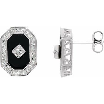 Sterling Silver Genuine Onyx and Cubic Zirconia Earrings 11 x 7.5mm Ref 228161