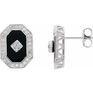 Sterling Silver Natural Black Onyx & Imitation White Cubic Zirconia Halo-Style Earrings