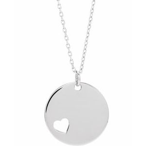 14K White Pierced Heart Disc 16-18" Necklace 