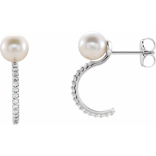 14K White Cultured White Freshwater Pearl & 1/6 CTW Natural Diamond Hoop Earrings
