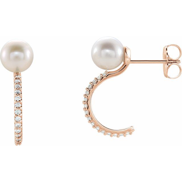 14K Rose Cultured White Freshwater Pearl & 1/6 CTW Natural Diamond Hoop Earrings