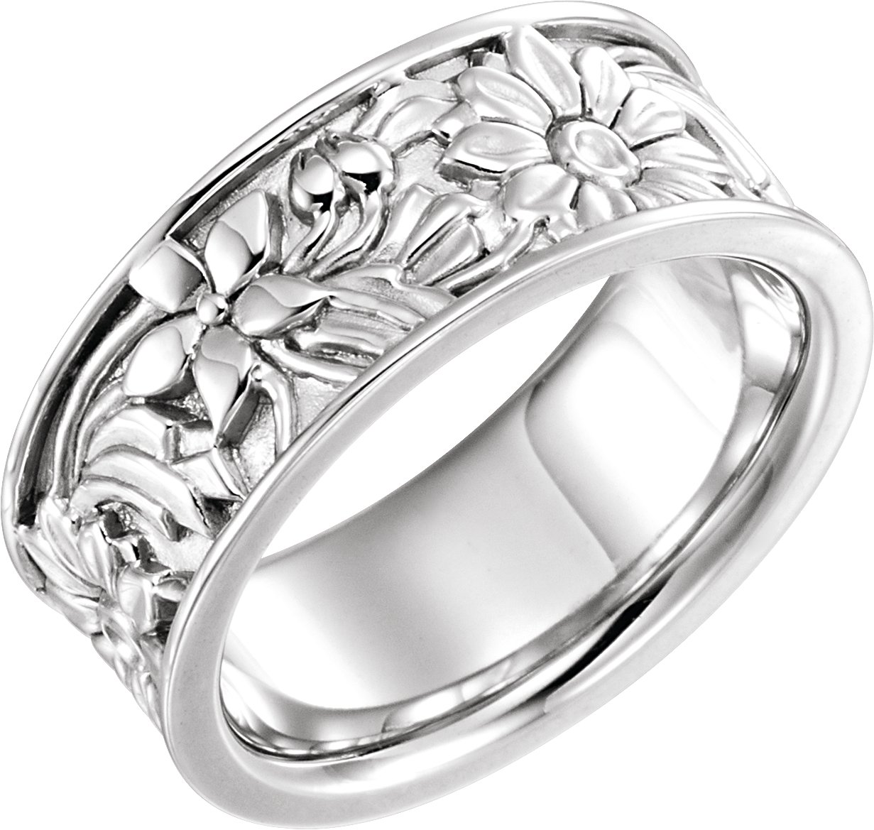 14K White 8.5 mm Floral-Inspired Band Size 8