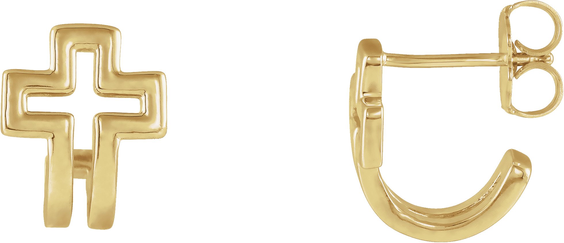 14K Yellow Open Cross J-Hoop Earrings   