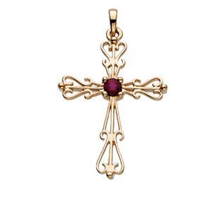 Natural Ruby Cross Pendant – 14K Yellow Gold