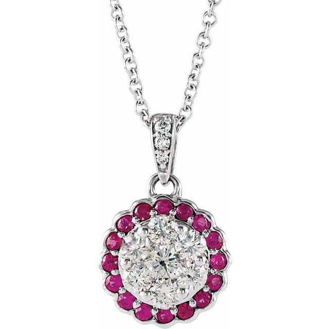 14K White Natural Ruby & 1/3 CTW Natural Diamond 16-18" Necklace 