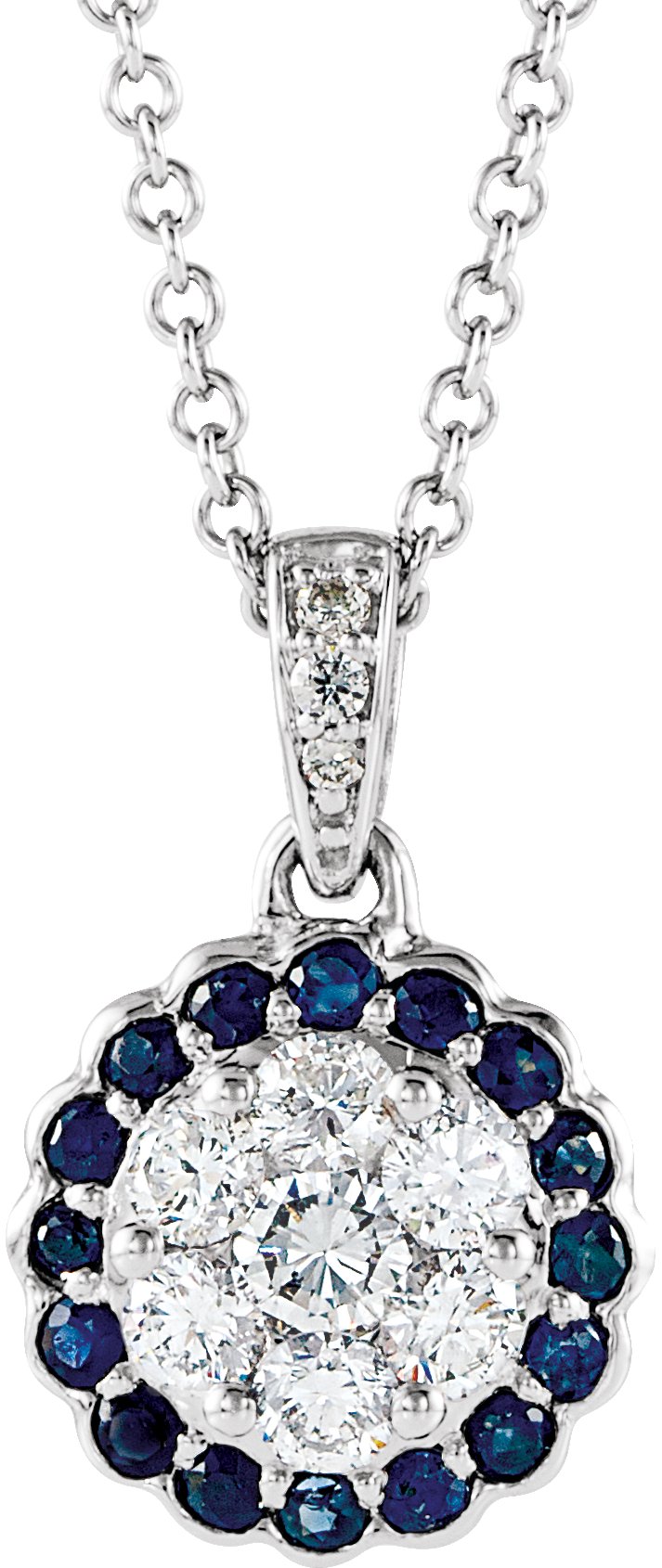 14K White  Natural Blue Sapphire & 1/3 CTW  Natural Diamond 16-18" Necklace 