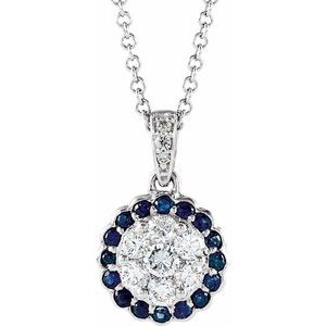 14K White  Natural Blue Sapphire & 1/3 CTW  Natural Diamond 16-18" Necklace 