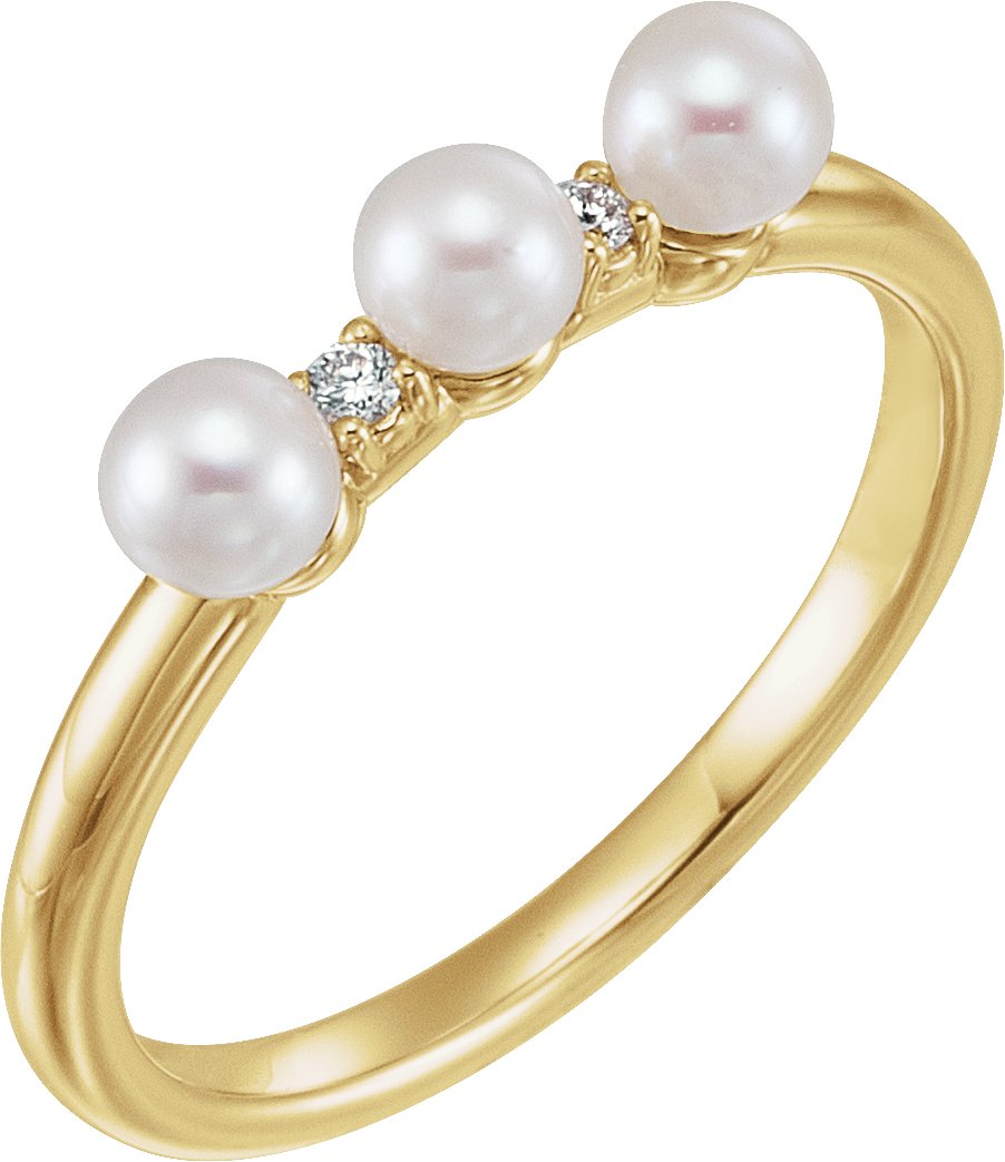 14K Yellow Cultured White Freshwater Pearl & .03 CTW Natural Diamond Stackable Ring    